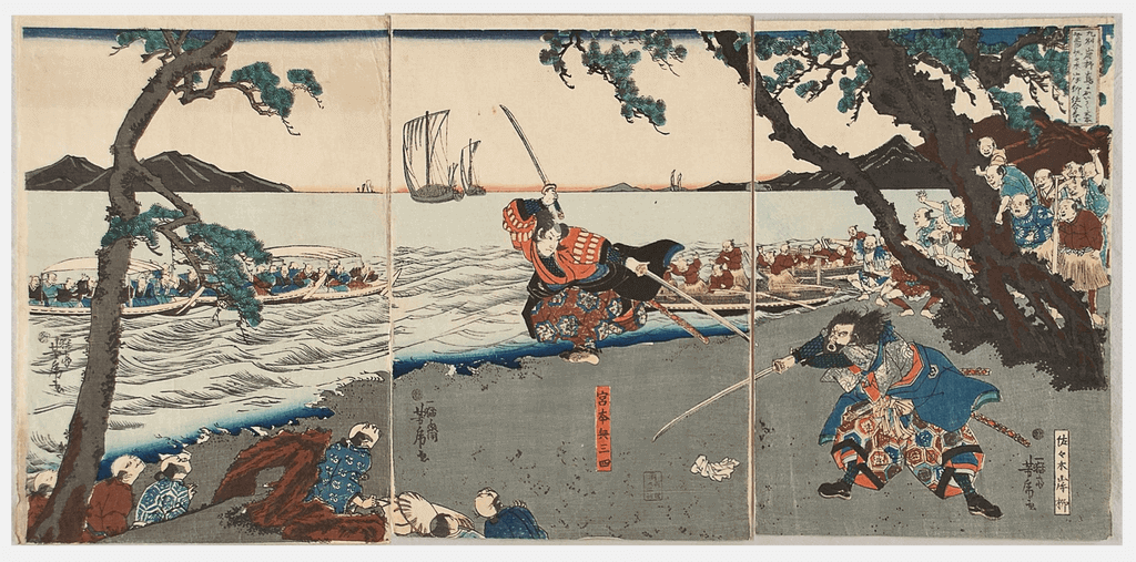 Sasaki Kojiro (right) engages Miyamoto Musashi on the shore of Ganry?jima Island.