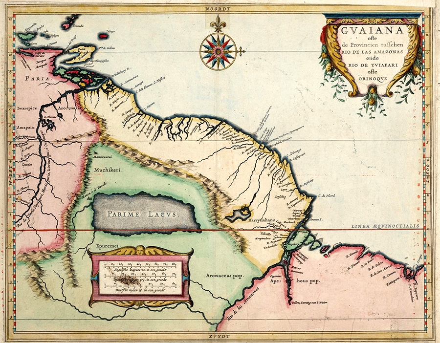 Lake Parime on a map by Hessel Gerritsz (1625). Situated at the west coast of the lake, was the city of Man�a or El Dorado.