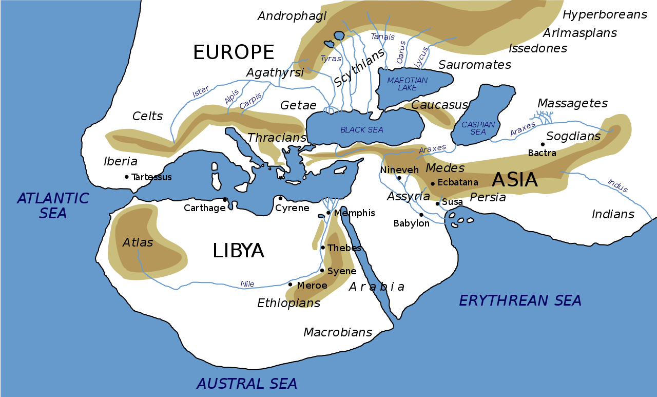 Reconstruction of the Oikoumene (inhabited world), ancient map based on Herodotus, c.?450 BC.
