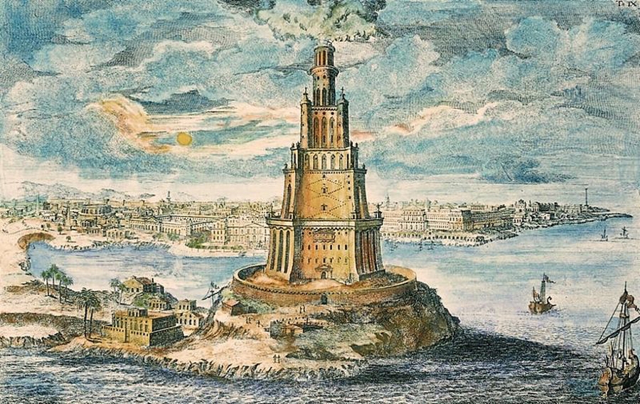 An artistic impression of Lighthouse of Alexandria , with the city in background