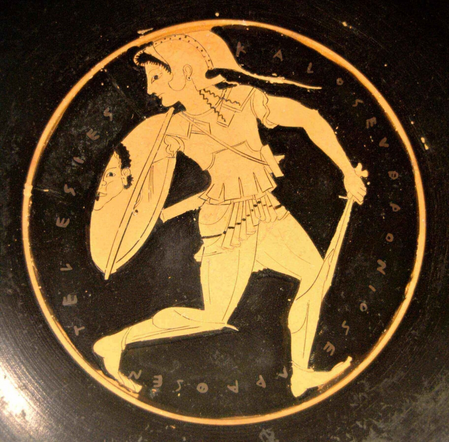 A helmeted Amazon with her sword and a shield bearing the Gorgon head image, Tondo of an Attic red-figure kylix, 510�500 BC.