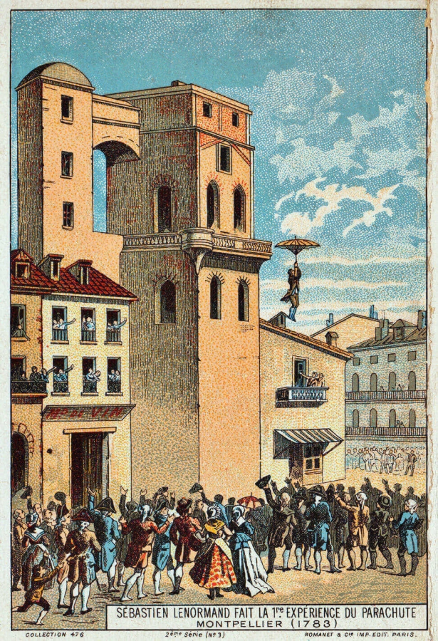 Louis-S�bastien Lenormand jumps from the tower of the Montpellier observatory, 1783.